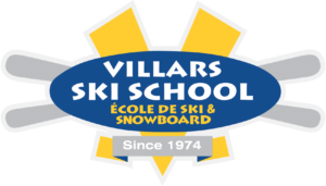 Logo de la Villars Ski School jaune et bleu. Ecole de ski et de snowboard depuis 1974